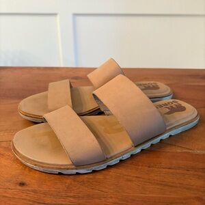 Sorel Ella II Puff Slide Sandal Two Full-Grain Leather Straps Beige Tan Size 8.5